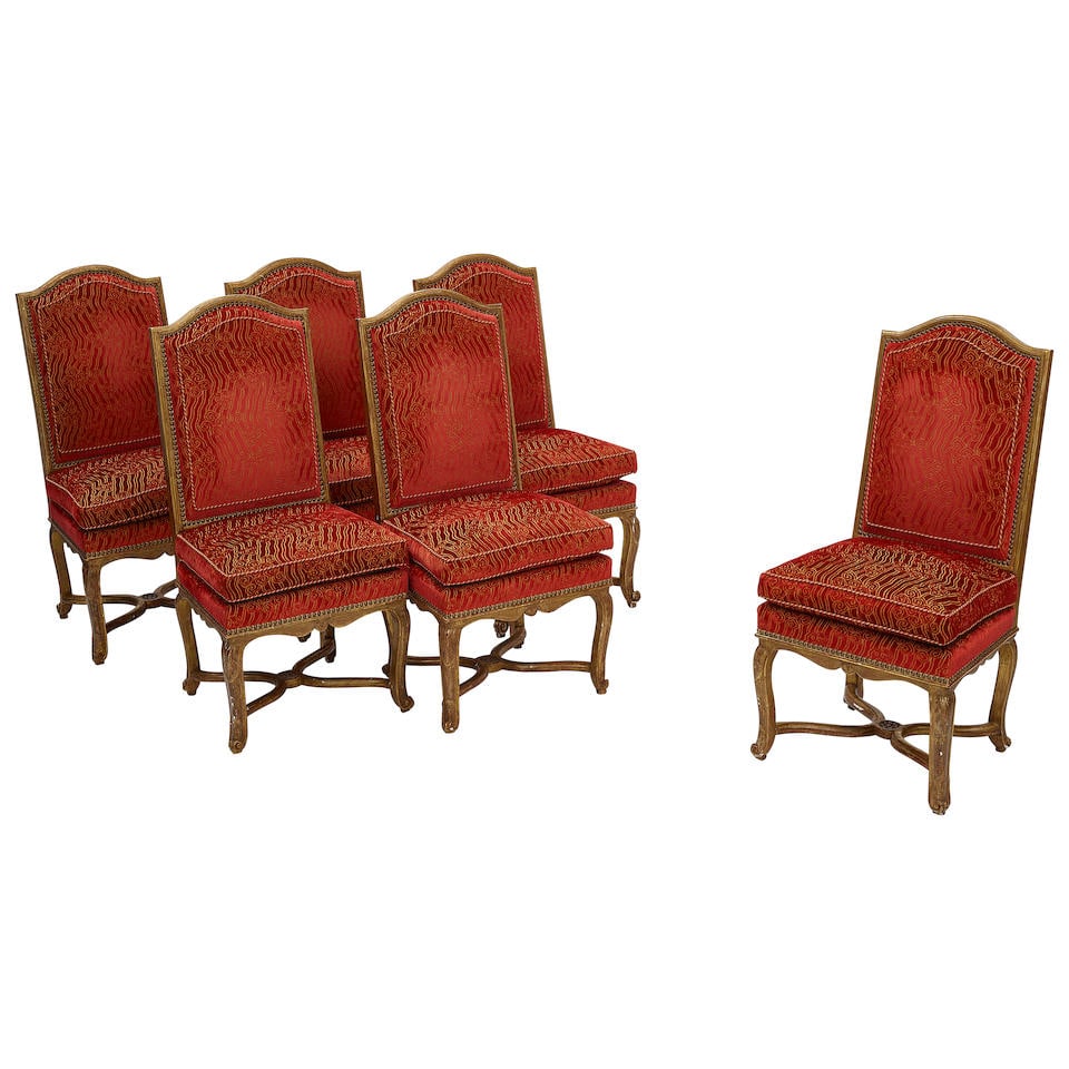 A SET OF SIX RÉGENCE GILTWOOD CHAISES19th century: A SET OF SIX RÉGENCE GILTWOOD CHAISES 19th century height 40 1/2in (102.8cm); width 19in (48.3cm); depth 17in (43.2cm) Footnotes: Provenance J. Kugel, Paris, 2007; Acquired from the above. Condit