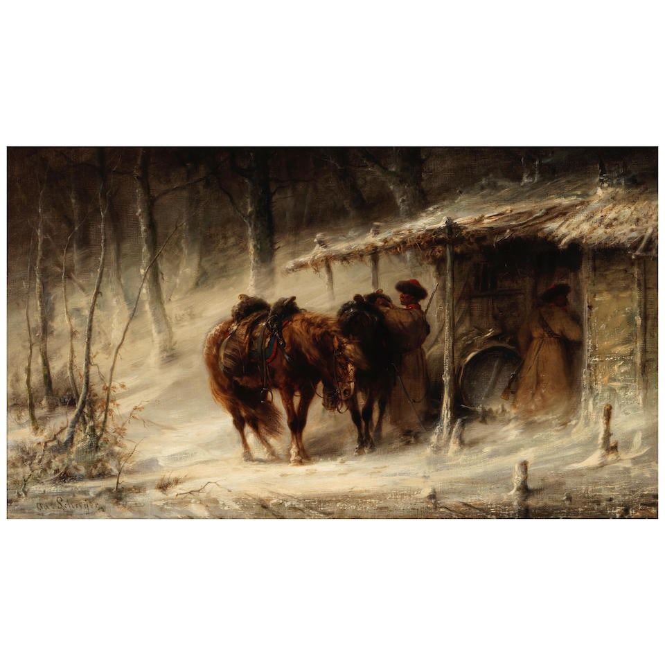 Adolf Schreyer (German, 1828-1899) Halt at the inn 17 x 29in (43.2 x 73.6cm); framed 28 x 40in (... (1 of 3)