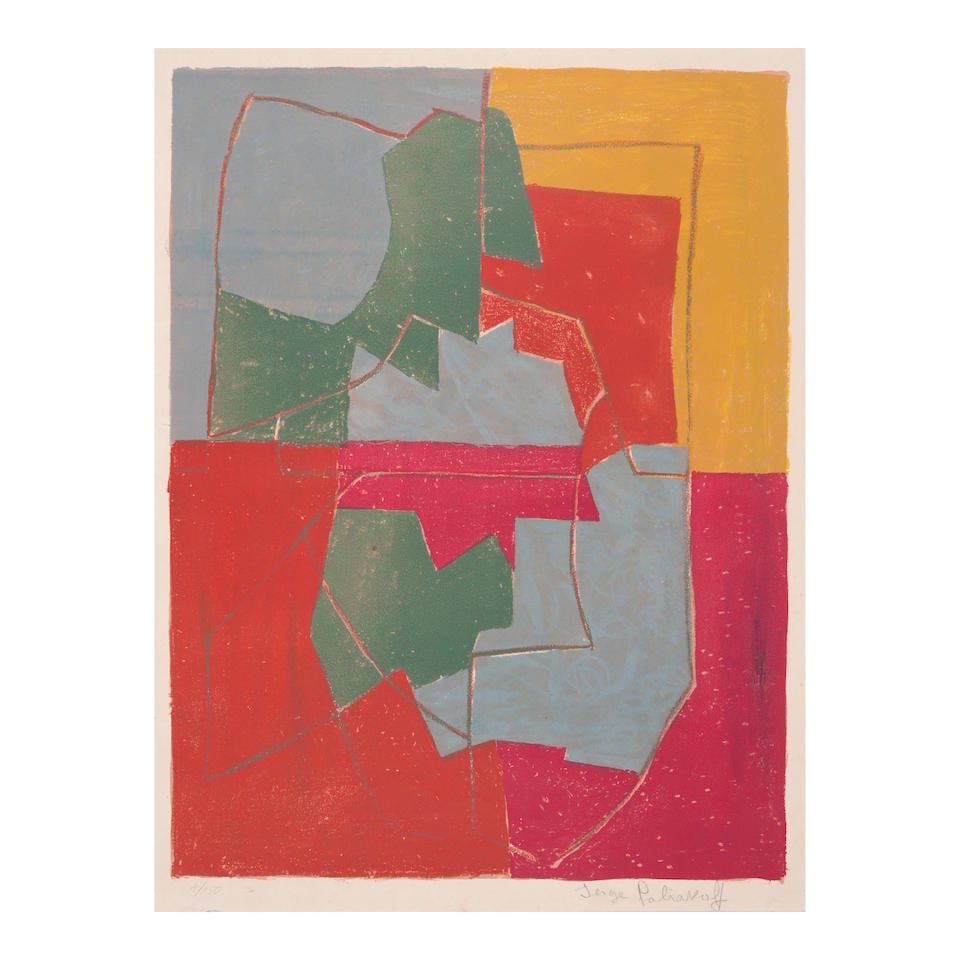 Serge Poliakoff (1900-1969); Composition in red, green, blue and yellow;: Serge Poliakoff (1900-1969) Composition in red, green, blue and yellow (Poliakoff/Schneider 12), 1956 Lithograph in colors on Rives BFK paper, signed in pencil and numbered 8/150, published by Nesto J