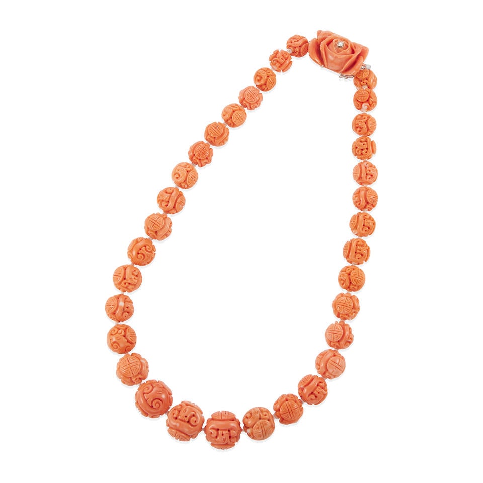 14K GOLD, CORAL AND DIAMOND BEADED NECKLACE (1 of 2)