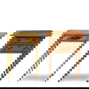 Two Federal Tiger Maple and Fancy-painted Pine Stands New England, c. 1820: Two Federal Tiger Maple and Fancy-painted Pine Stands New England, c. 1820 Painted stand with square top slightly overhanging apron draw-joined with double pegs to square tops of legs turned with stac