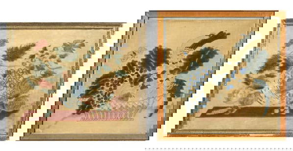 Two Theorem Paintings on Velvet United States, c. 1830: Two Theorem Paintings on Velvet United States, c. 1830 One square velvet textile stencil-painted to depict a basket of fruit with birds and a butterfly, in glazed tiger maple frame, (sight) 16 3/4 x 1