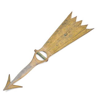 Zinc, Copper, and Iron Arrow Weathervane late 19th/early 20th century: Zinc, Copper, and Iron Arrow Weathervane late 19th/early 20th century Cast zinc shaft and sheet copper with rolled iron wire edges comprising the arrowhead and molded, flared tail section, which is re
