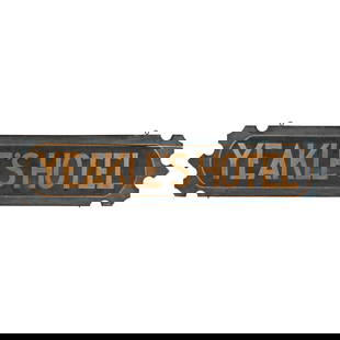 Yeakle's Hotel Sign Pennsylvania, c. 1878: Yeakle's Hotel Sign Pennsylvania, c. 1878 Pine board painted on two sides to read 'YEAKLE'S HOTEL' in gold letters on a black reserve, the edges thumb-molded continuously over fancy scroll-cut ends, t