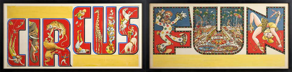 Two Circus Poster Designs signed E. Grove, 1942: Two Circus Poster Designs signed E. Grove, 1942 Watercolor and gouache paintings on paper, likely cartoons for chromolithographs, reading 'FUN' and 'CIRCUS' in animated letters with yellow margins res
