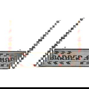 Barber Shop Sign and Pair of Barber's Poles New England, late 19th century: Barber Shop Sign and Pair of Barber's Poles New England, late 19th century The pine board in molded frame painted on two sides to read 'BARBER SHOP' and fitted with two rings for hanging from the top
