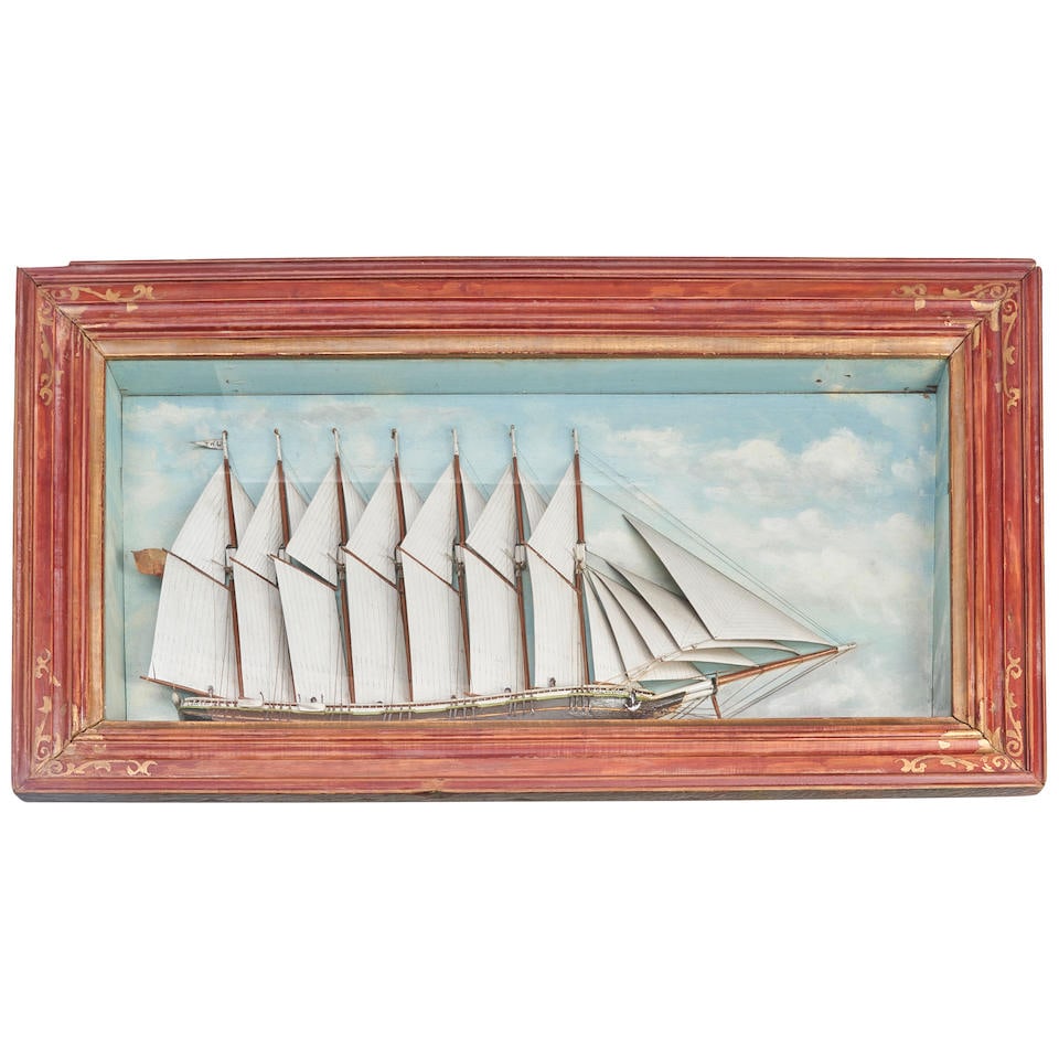 Diorama of the Seven-Masted Schooner Thomas W. Lawson United States, early 20th century: Diorama of the Seven-Masted Schooner Thomas W. Lawson United States, early 20th century Fine half-hull ship model depicted at full sail with six figures on deck, mounted in a glazed shadow box with a