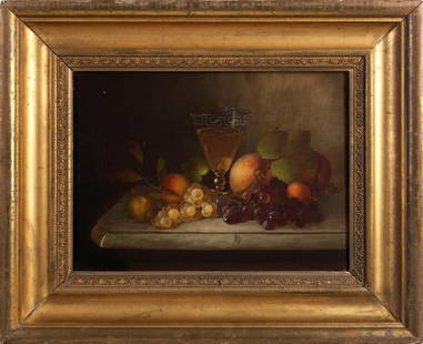 MORSTON CONSTANTINE REAM (American, 1840-1898) Still Life of Fruit and Drinking Glass on a Marbl...: MORSTON CONSTANTINE REAM (American, 1840-1898) Still Life of Fruit and Drinking Glass on a Marble Table signed 'M.C.R.' at lower right oil on canvas, mounted in gilt period frame 12 x 16 1/4 in. frame