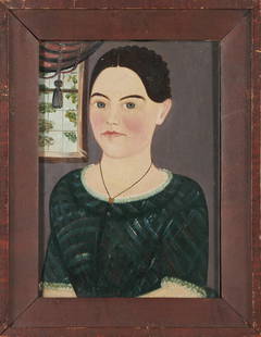 Prior/Hamblin School, mid-19th century Portrait of Alice L. Wright (1832-47), Manchester, New Ha...: Prior/Hamblin School, mid-19th century Portrait of Alice L. Wright (1832-47), Manchester, New Hampshire unsigned tempera on cardstock, in glazed and painted pine frame 14 x 10 1/4 in. framed 17 3/4 x