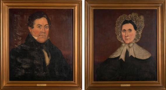 American School, 19th century Portraits of Elisha and Polly Pettibone, Vernon Center, New York: American School, 19th century Portraits of Elisha and Polly Pettibone, Vernon Center, New York unsigned; sitters identified by nameplates on bottom rail oil on canvas in giltwood frame 26 x 23 in. fra
