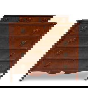 Empire Match-Veneered Mahogany and White Pine  Chest of Drawers retailed by Adams & North, Lowel...: Empire Match-Veneered Mahogany and White Pine Chest of Drawers retailed by Adams & North, Lowell, Massachusetts, c. 1850 The top fitted with a shallow case of dovetailed split drawers, one having mapl