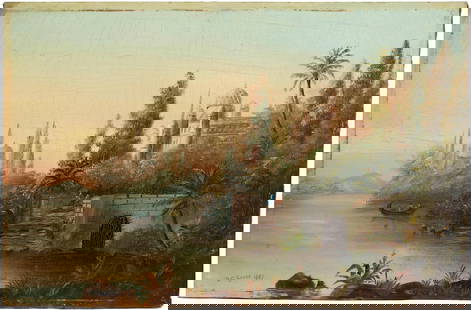 Daniel Charles Grose (American, 1838-90) River Landscape with Mosque: Daniel Charles Grose (American, 1838-90) River Landscape with Mosque signed 'D.C. Grose 1887' at lower left oil on board 9 1/4 x 14 in. For further information on this lot please visit Bonhams.com For