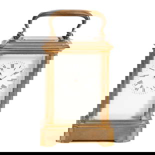 Brass and Glass Carriage Clock Europe, c. 1900: Brass and Glass Carriage Clock Europe, c. 1900 Beveled glass walls and top panel set in brass frame, the frame of access door impressed with number 8, backplate impressed 3256 at lower left, includes