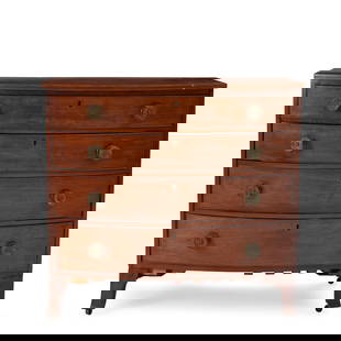 Federal Inlaid Cherry and Mahogany Veneer Bowfront Chest of Drawers early 19th century: Federal Inlaid Cherry and Mahogany Veneer Bowfront Chest of Drawers early 19th century Single-board cherry top, the drawer fronts mahogany veneered over horizontally laminated hardwood, possibly ash,
