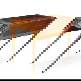 Hepplewhite Inlaid Mahogany Pembroke Table England, c. 1790-1800: Hepplewhite Inlaid Mahogany Pembroke Table England, c. 1790-1800 The top with cross banded and string inlaid border continuing to the falling leaves with canted corners, with a working and faux drawer