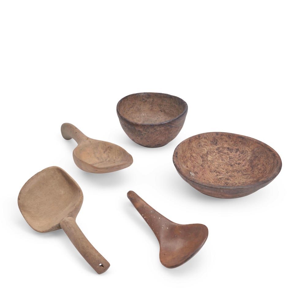 Two Turned Burl Bowls and Three Carved Scoops United States, 19th century (1 of 1)
