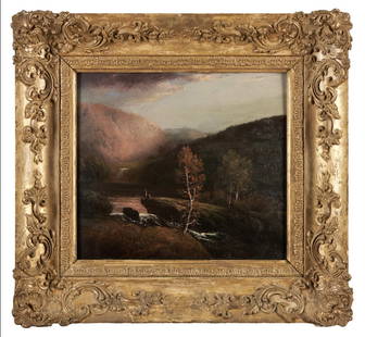American School (19th Century) Mountain View with Figures: American School (19th Century) Mountain View with Figures unsigned; inscribed 'No. 13' on reverse oil on board 10 1/4 x 11 1/2 in. (26.0 x 29.2 cm) framed 16 x 17 1/2 x 2 1/2 in. (40.6 x 44.4 x 6.4 cm