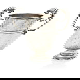A late Victorian or Edwardian silver two-trophy cup By William Hutton & Sons Ltd, London, 1901: A late Victorian or Edwardian silver two-trophy cup By William Hutton & Sons Ltd, London, 1901 In the Irish George II manner, the deep bowl with moulded rib and with twin harp-shaped handles, height