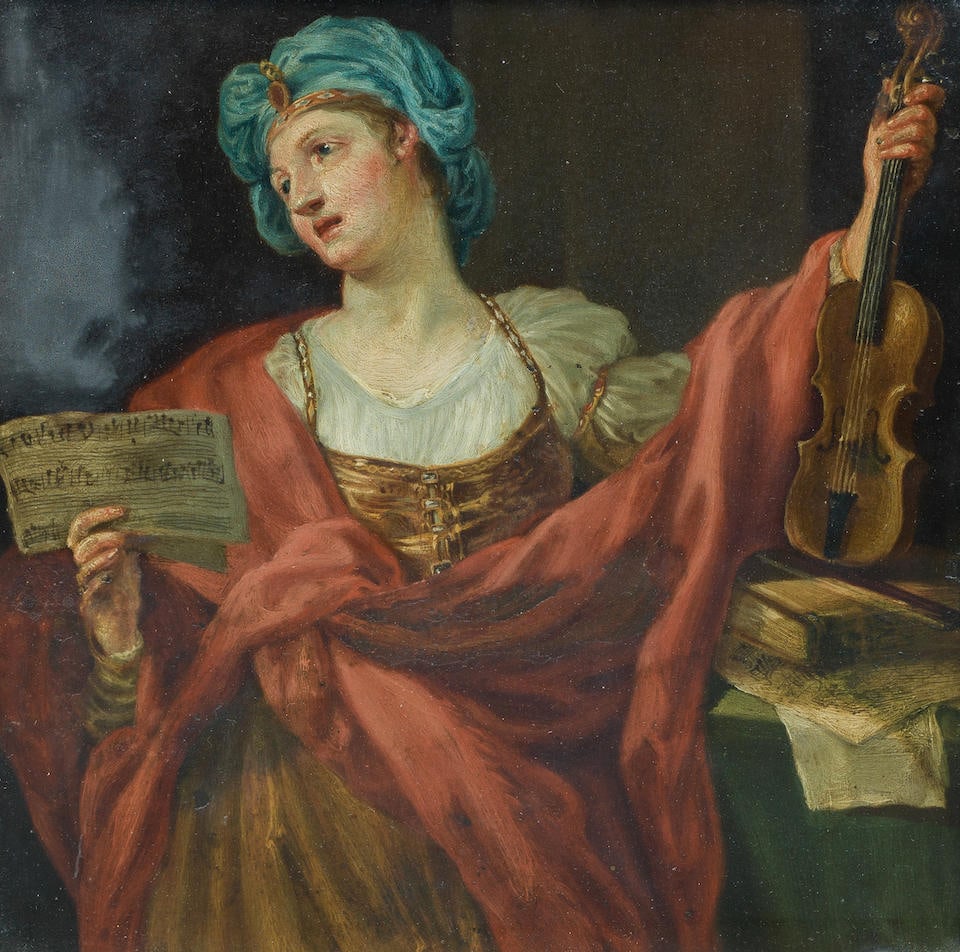 Italian School (18th century), Saint Cecilia, oil on panel: Italian School (19th century) Saint Cecilia, After Anton Raphael Mengs oil on copper 18.5 x 18.5cm (7 5/16 x 7 5/16in). For further information on this lot please visit Bonhams.com For further informa