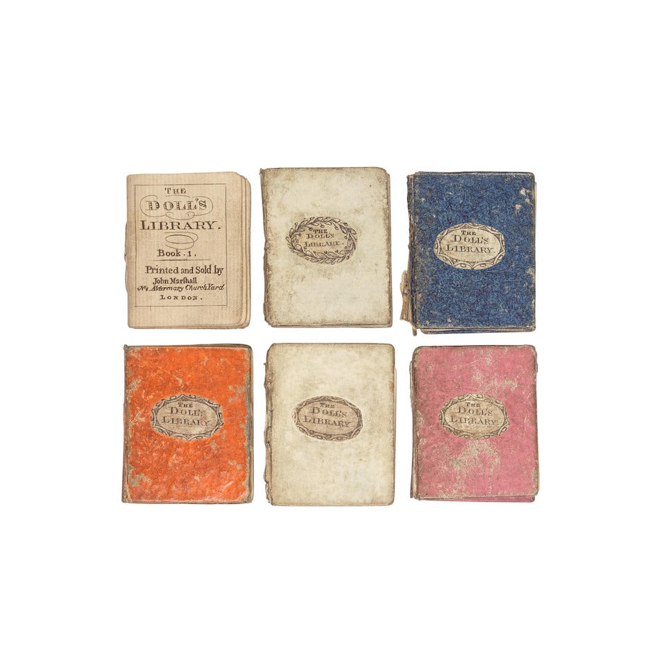 MINIATURE BOOKS - DOLL'S LIBRARY The Doll's Library, 6 vol. (complete), John Marshall, [c.1800]: MINIATURE BOOKS - DOLL'S LIBRARY The Doll's Library, 6 vol. (complete), each 32pp., woodcut illustrations, some leaves shaved touching text or image, publisher's variant coloured boards (white, blue,