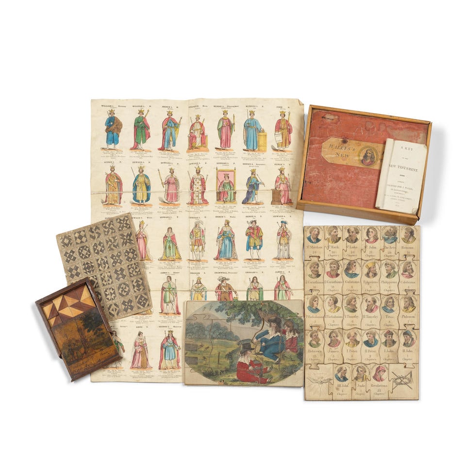 PUZZLE GAMES. E. WALLIS. Kings/Queens of England, c.1830; and 3 others, 19th century (4): PUZZLE GAMES WALLIS (EDWARD, publisher) Whole Length Portraits of the Kings and Queens of England, Displayed in Chronological Order, hand-coloured engraved sheet illustrating 40 figures with captions