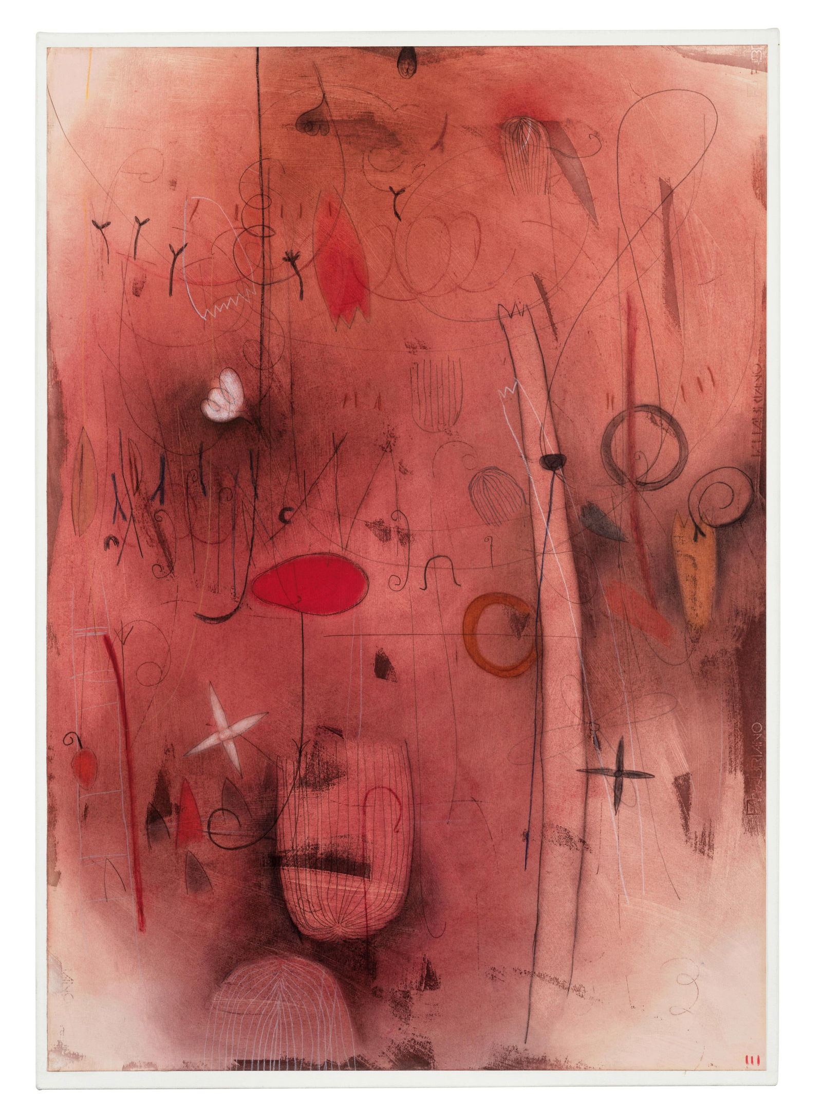 EMMI WHITEHORSE (B. 1957) Untitled 40 5/8 x 28 1/2 in (103 x 72.4 cm) (Executed in 1993): EMMI WHITEHORSE (B. 1957) Untitled signed, inscribed and dated '#999 untitled AUG. 93 Emmi Whitehorse' (on the reverse) acrylic, dry pigments, charcoal, pastel and graphite on paper laid on canvas 40