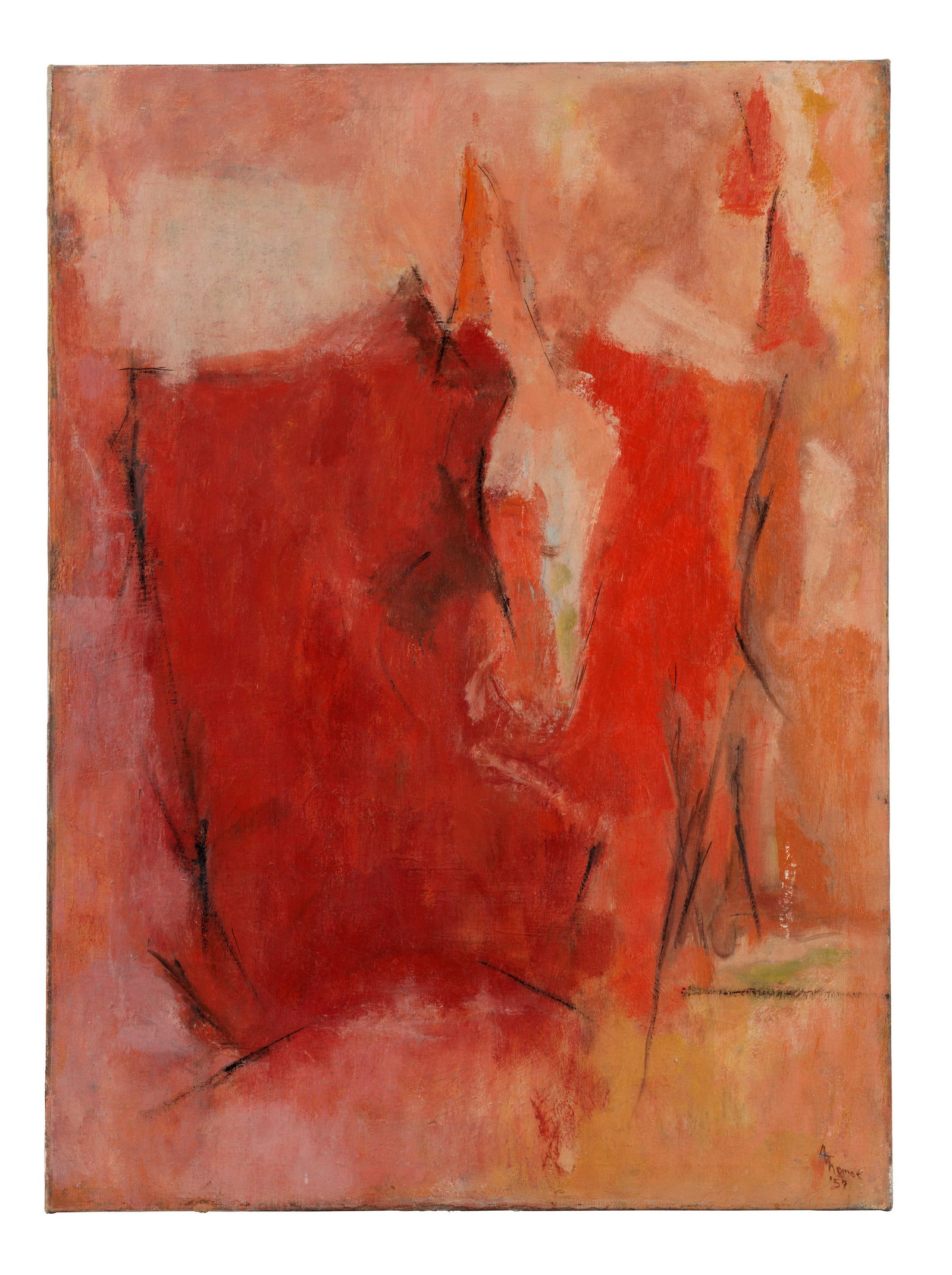 ALMA THOMAS (1891-1978) Red Abstraction 38 x 28 in (96.5 x 70.9 cm) (Painted in 1959): ALMA THOMAS (1891-1978) Red Abstraction signed and dated 'A Thomas '59' (lower right); signed and inscribed 'Alma Thomas Red Abstraction' (on the stretcher) oil on canvas 38 x 28 in (96.5 x 70.9 cm) P