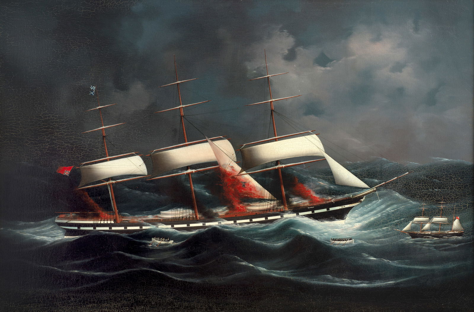 CHINESE ARTIST (CIRCA 1882) The clipper ship Kilmodan on fire: CHINESE ARTIST (CIRCA 1882) The clipper ship Kilmodan on fire Oil on canvas, framed. 90.2cm (35 1/2in) high x 134.7cm (53in) wide. Footnotes: 中國藝術家（約18