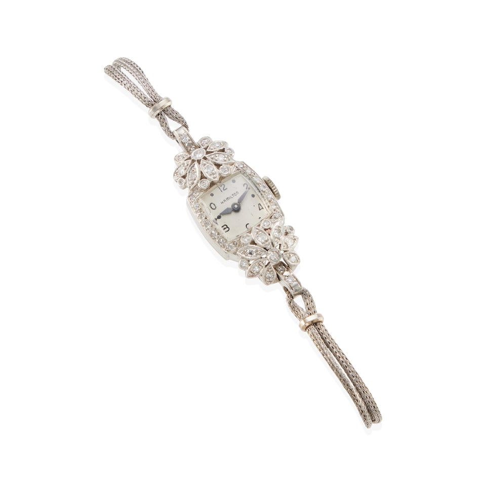 HAMILTON: PLATINUM, 10K GOLD, WHITE METAL AND DIAMOND WRISTWATCH (1 of 2)