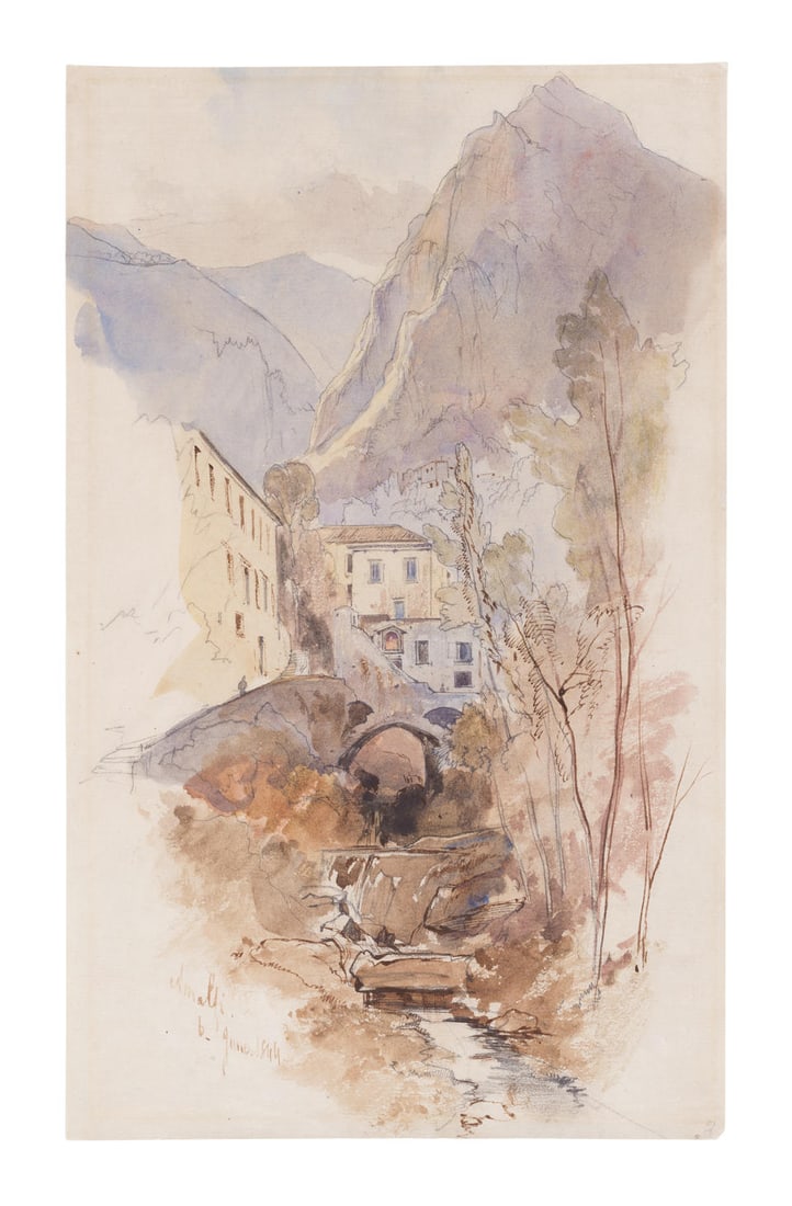 Edward Lear (British, 1812-1888) Amalfi unframed: Edward Lear (British, 1812-1888) Amalfi inscribed and dated 'Amalfi/6.June 1844' (lower left) watercolour over traces of pencil 33 x 21cm (13 x 8 1/4in). unframed This lot is subject to the following