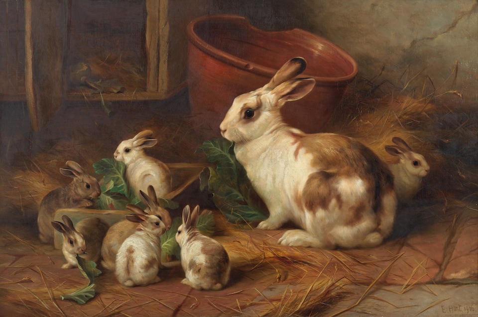 Edgar Hunt (British, 1876-1955) Family of rabbits: Edgar Hunt (British, 1876-1955) Family of rabbits signed and dated 'E. Hunt 1906' (lower right) oil on canvas 50.8 x 76.2cm (20 x 30in). This lot is subject to the following lot symbols: * AR * VAT on