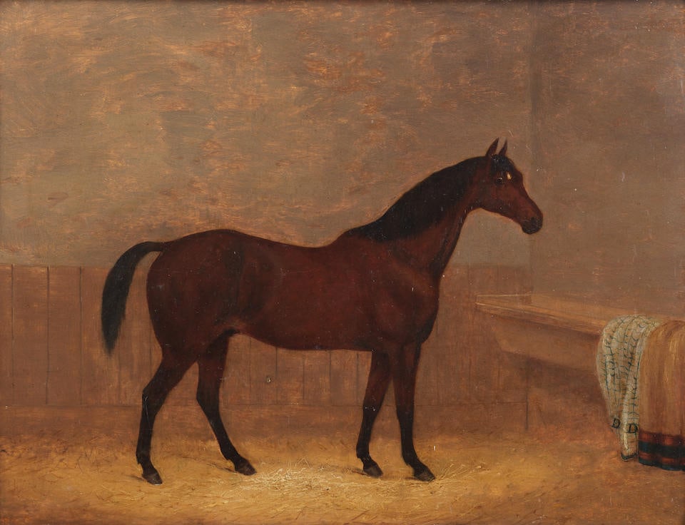 Follower of John Frederick Herring, Snr. (British, 1795-1865) A bay horse in a stable interior (1 of 3)
