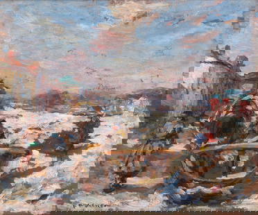 Frederick William Jackson (British, 1859-1918) Figures on a horse drawn sled near Moscow: Frederick William Jackson (British, 1859-1918) Figures on a horse drawn sled near Moscow signed 'F W JACKSON' (lower left) oil on board 22 x 26cm (8 11/16 x 10 1/4in). Footnotes: Provenance With Ernes