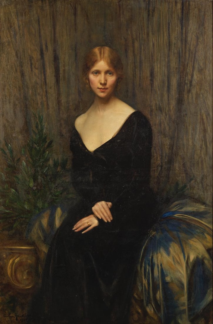 Arthur Hacker, RA (British, 1858-1919) Portrait of Mrs Ramsay (Together with a copy of Royal Aca...: Arthur Hacker, RA (British, 1858-1919) Portrait of Mrs Ramsay signed and dated 'Arthur Hacker/1917' (lower left); further signed and inscribed 'Mrs Ramsay/Arthur Hacker RA/1918' (on the reverse) oil o