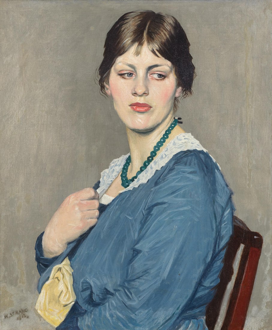 William Strang (Scottish, 1859-1921) Portrait of a lady in blue: William Strang (Scottish, 1859-1921) Portrait of a lady in blue signed and dated 'W STRANG/1913' (lower left) oil on canvas 61 x 51cm (24 x 20 1/16in). For further information on this lot please visit