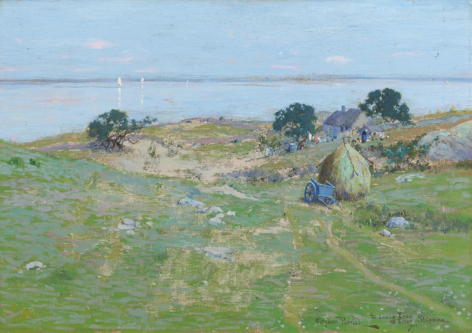 Stephen Parrish (American, 1846-1938) River scene with homestead (Together with a letter from th...: Stephen Parrish (American, 1846-1938) River scene with homestead signed, inscribed and dated 'Stephen Parrish, To Louis Evan/& Ellen Shipman-/1911' (lower right) oil on board 31 x 43cm (12 3/16 x 16 1