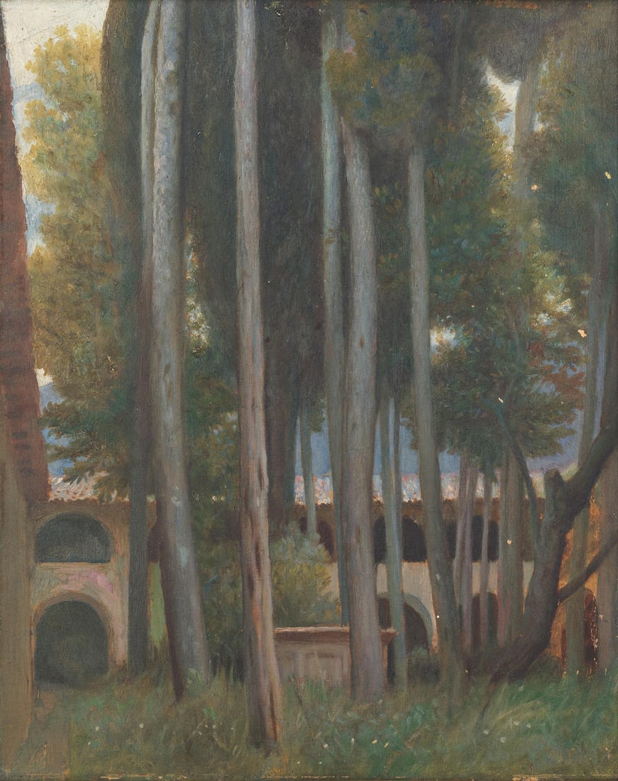 Sir William Blake Richmond, RA (British, 1842-1921) Cypresses, Cemetery, St Francis, Assisi: Sir William Blake Richmond, RA (British, 1842-1921) Cypresses, Cemetery, St Francis, Assisi oil on panel 41 x 33cm (16 1/8 x 13in). Footnotes: Exhibited London, The Fine Art Society, Memorial exhibiti