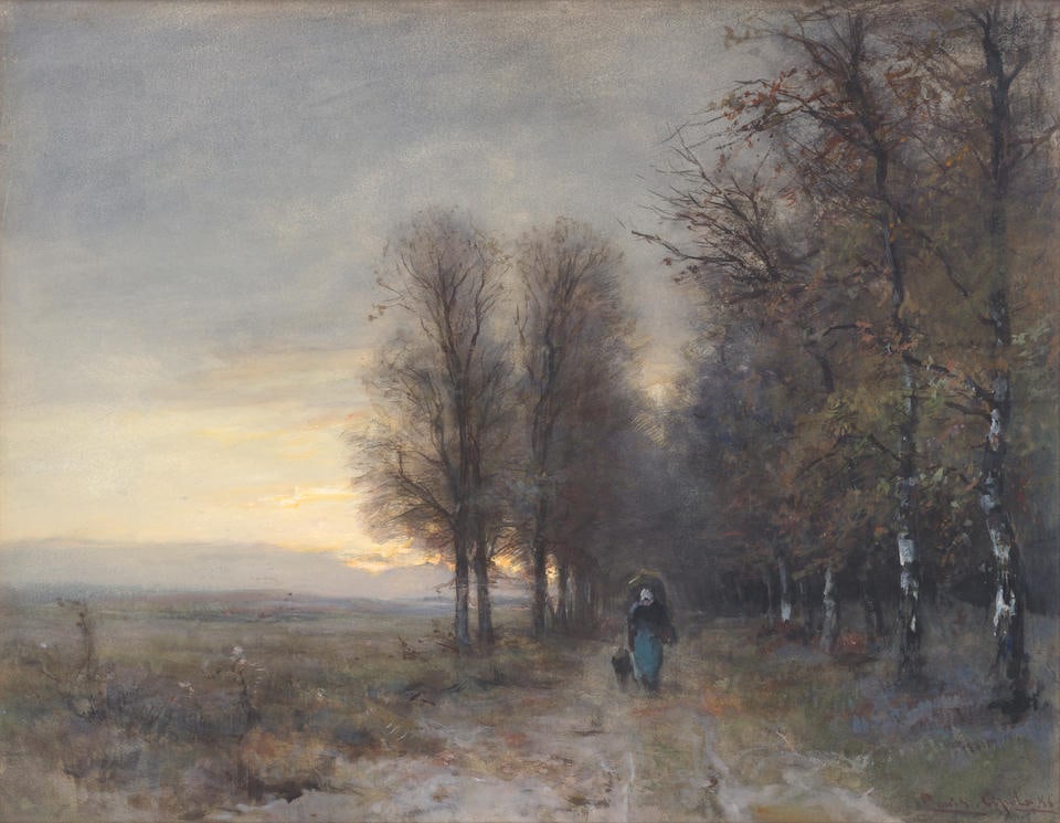 Louis Franciscus Hendrik Apol (Dutch, 1850-1936) The walk home: Louis Franciscus Hendrik Apol (Dutch, 1850-1936) The walk home signed and dated 'Louis Apol 86' (lower right) watercolour and bodycolor 42 x 54cm (16 9/16 x 21 1/4in). This lot is subject to the follo