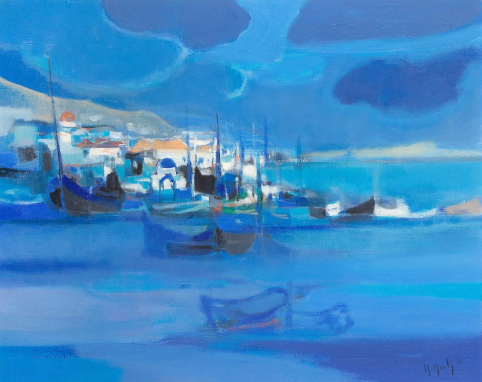Marcel Mouly (French, 1918-2008) Le port de Mykonos: Marcel Mouly (French, 1918-2008) Le port de Mykonos signed and dated 'M. Mouly. 74' (lower right); further signed, inscribed and dated 'M.Mouly/Le Port de Mykonos/PARIS 1974 Decembre' (on the reverse)