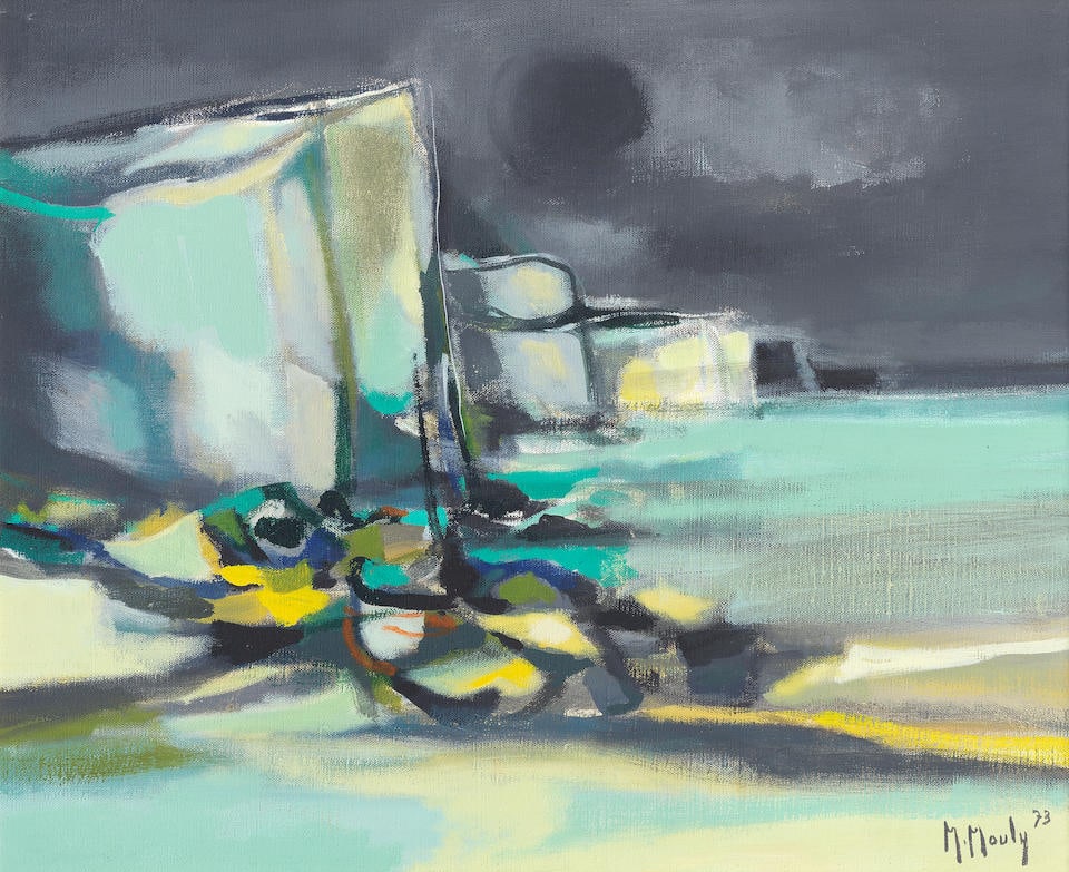 Marcel Mouly (French, 1918-2008) Les falaises au ciel noir: Marcel Mouly (French, 1918-2008) Les falaises au ciel noir signed and dated 'M.Mouly 73' (lower right); further signed, inscribed and dated 'M.Mlouly/LES FALAISES AU CIEL NOIR/Paris 1973' (on the reve
