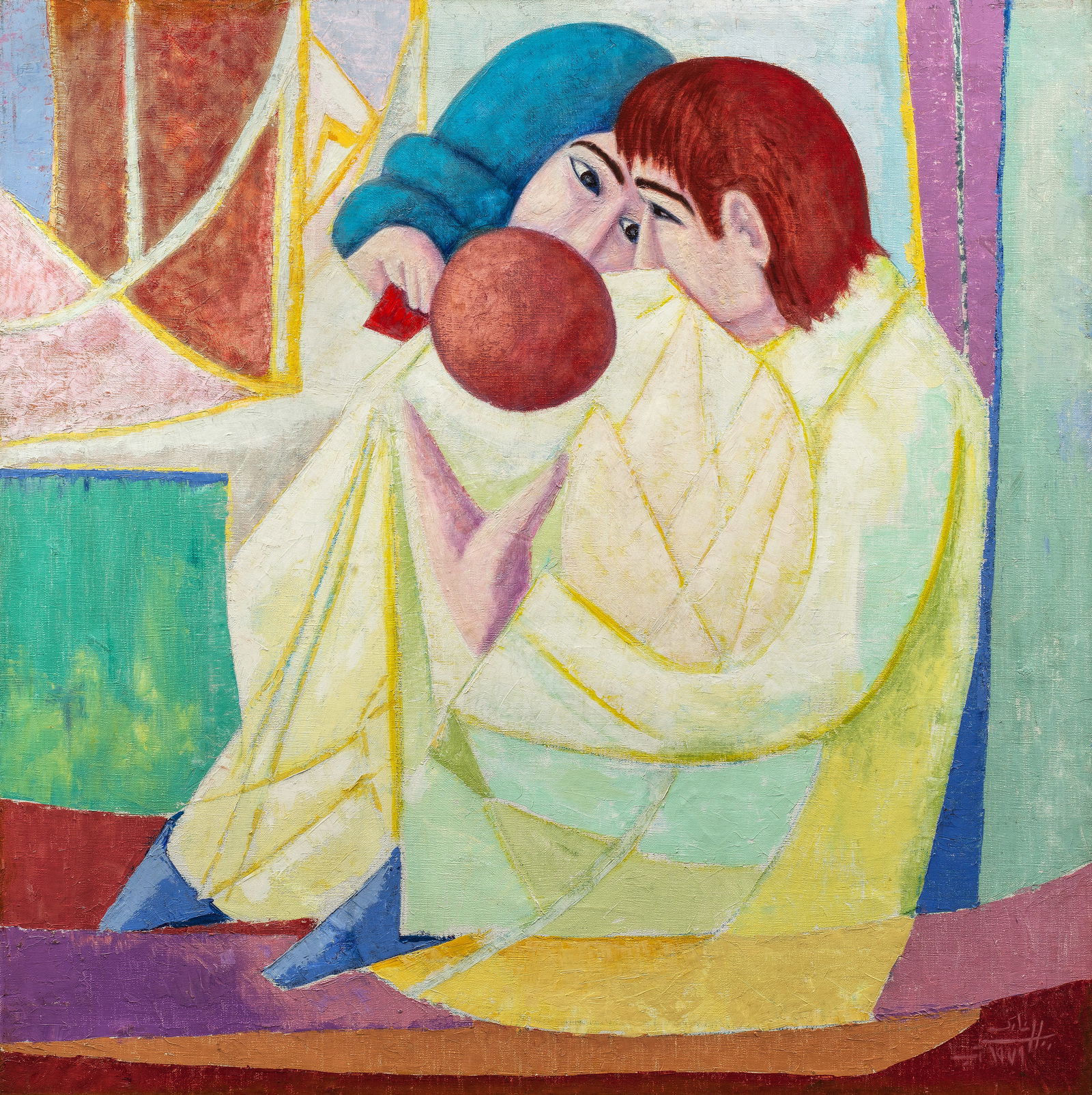 Aref El Rayess (Lebanon, 1928-2005) La Famille: Aref El Rayess (Lebanon, 1928-2005) La Famille oil on canvas, framed signed 'Aref Al Rayyes' and dated '1979' in Arabic (lower right), executed in 1979 97.5 x 97.5cm (38 3/8 x 38 3/8in). Footnotes: