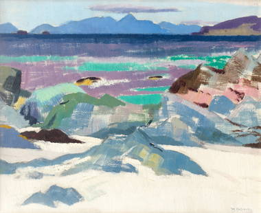 Francis Campbell Boileau Cadell RSA RSW (British, 1883-1937) The Island of Rhum, from Iona: Francis Campbell Boileau Cadell RSA RSW (British, 1883-1937) The Island of Rhum, from Iona signed 'FCB Cadell' (lower right), and inscribed and signed 'THE ISLAND OF RUM/by/F.C.B. Cadell' (verso) oil