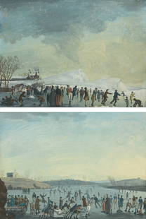 Circle of David Allan (Alloa 1744-1796 Edinburgh) Curling, ice skating, and winter sports on a f...: Circle of David Allan (Alloa 1744-1796 Edinburgh) Curling, ice skating, and winter sports on a frozen loch, with Arthur's Seat and Salisbury Crags beyond; Winter sports on a frozen loch, possibly Dudd