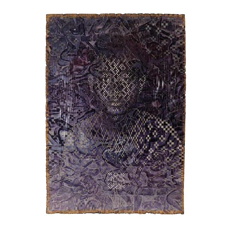 Dinh Q. Lê (1968-2024); Untitled (Cambodia Series #5);: Dinh Q. Lê (1968-2024) Untitled (Cambodia Series #5), 1998 Unique work comprised of chromogenic prints, cut into strips and woven together, and linen tape, framed, a Shoshana Wayne Gallery label