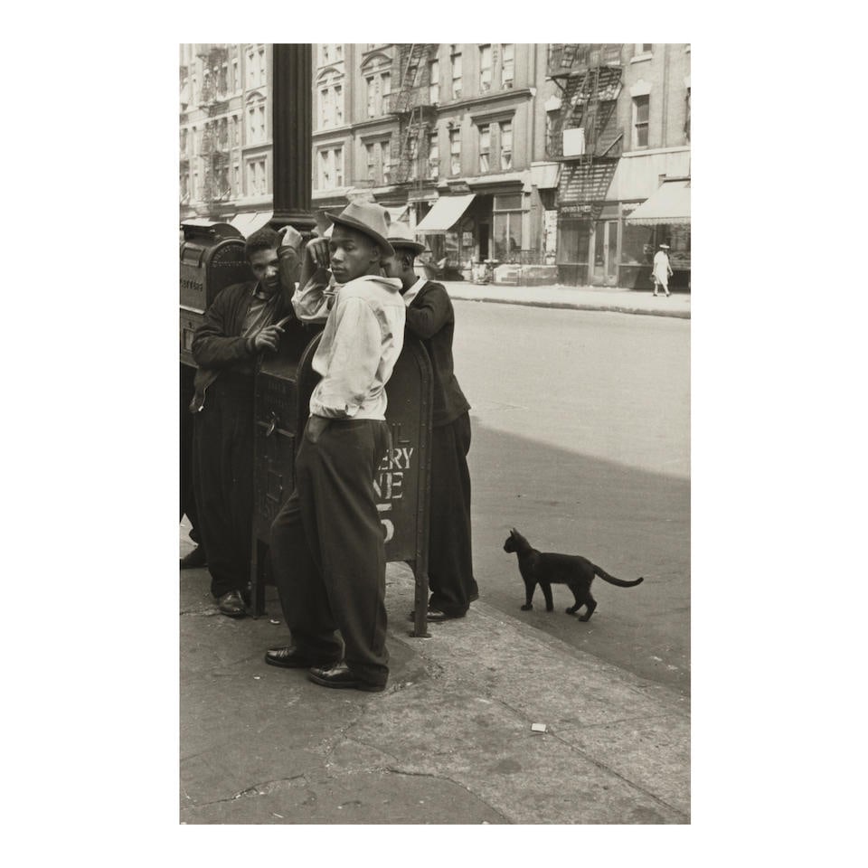 Helen Levitt (1913-2009); Untitled (Men with Black Cat, New York City);: Helen Levitt (1913-2009) Untitled (Men with Black Cat, New York City), c. 1940 Gelatin silver print, printed later; signed, dated, and annotated 'N.Y.C.' in pencil on the reverse, framed, a Fraenkel G