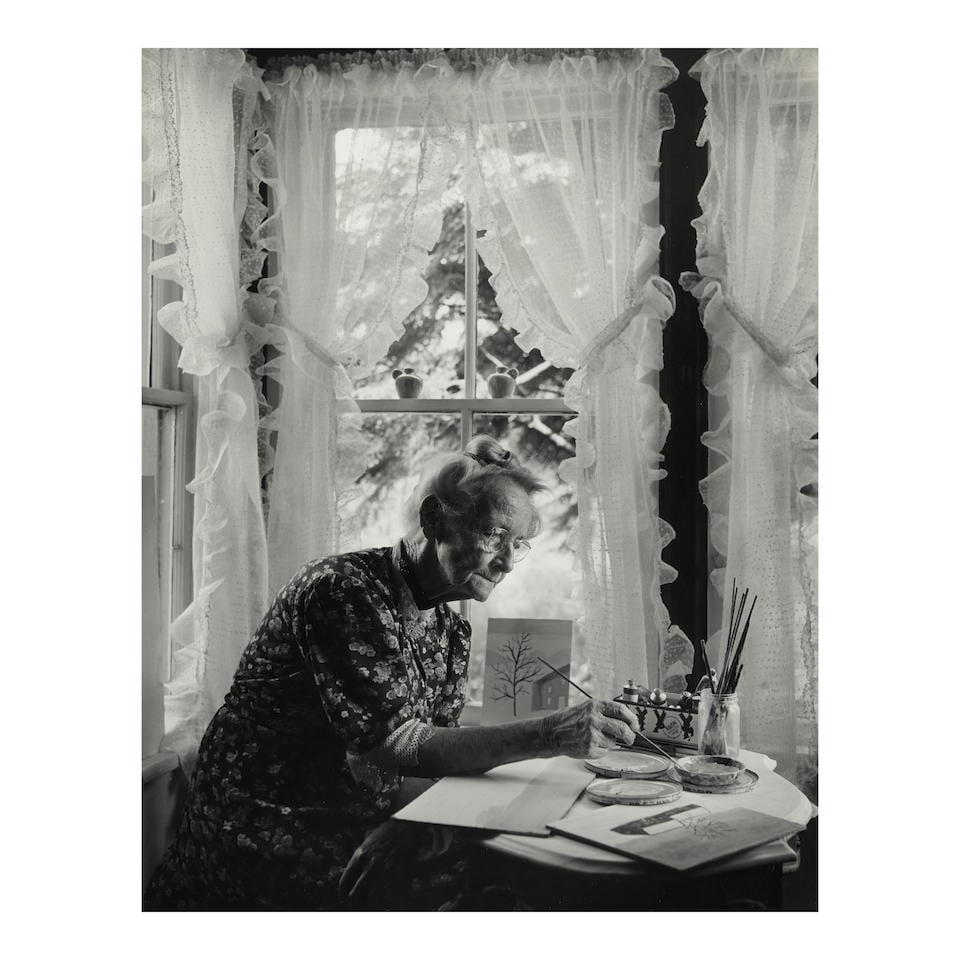 W. Eugene Smith (1918-1978); Grandma Moses;: W. Eugene Smith (1918-1978) Grandma Moses, 1948 Gelatin silver print, printed later; signed with a stylus on the image, mounted, the photographer's copyright / credit stamps on the reverse. 13 1/8 x 1