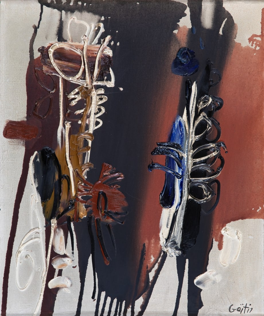 YANNIS GAITIS (1923-1984) Sans titre: YANNIS GAITIS (1923-1984) Sans titre signé 'Gaitis' en bas à droite huile sur toile 65 x 54 cm. (25 3/16 x 21 1/4in.) Peint en 1960. signed 'Gaitis' lower right oil on canvas Exhibit