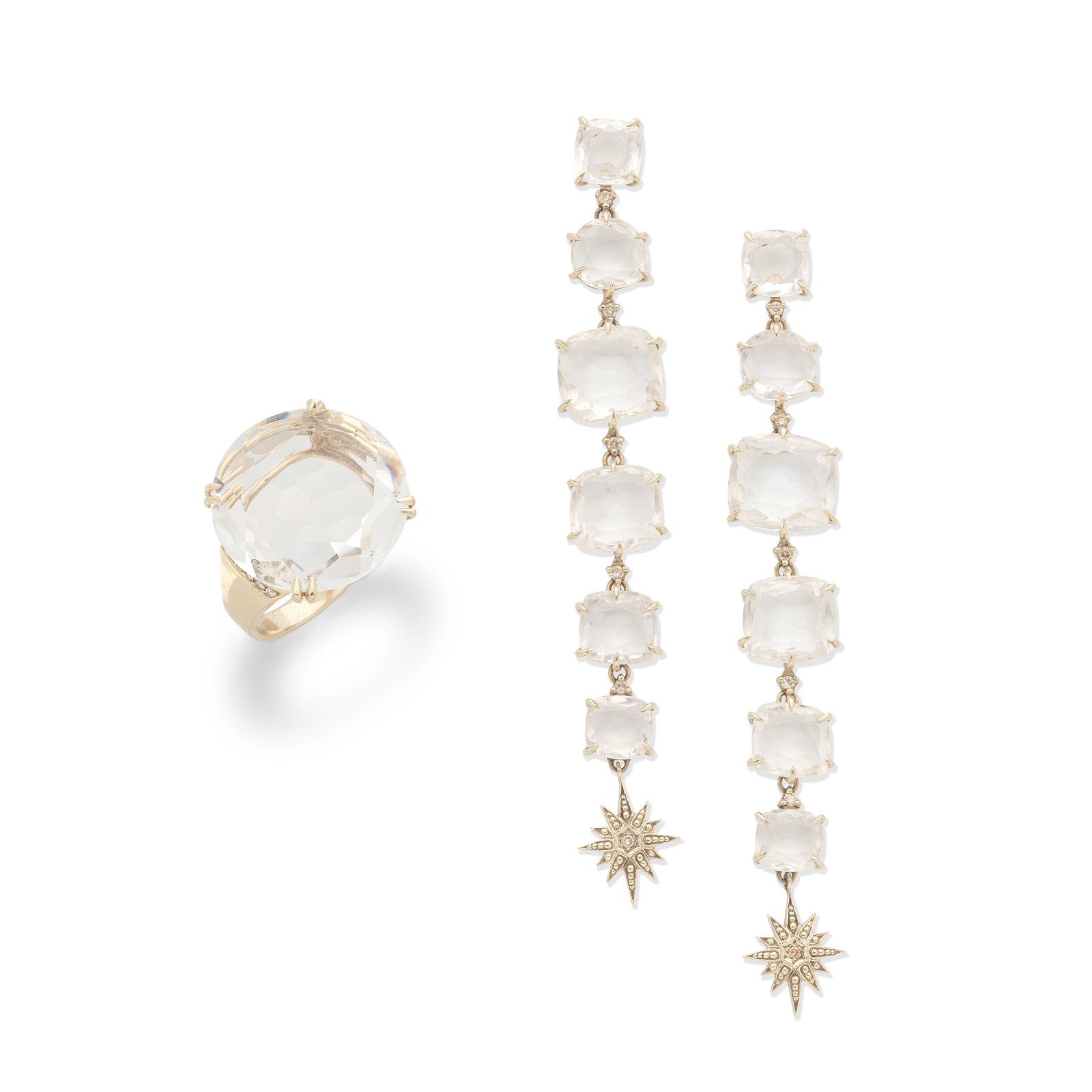 H.STERN: ROCK CRYSTAL AND DIAMOND RING AND PENDENT EARRINGS: H.STERN: ROCK CRYSTAL AND DIAMOND RING AND PENDENT EARRINGS 1st: The ring with a circular facetted rock crystal, the fluted shoulders set with a row of single-cut diamonds, 2nd: The 'Moonlight' drop e