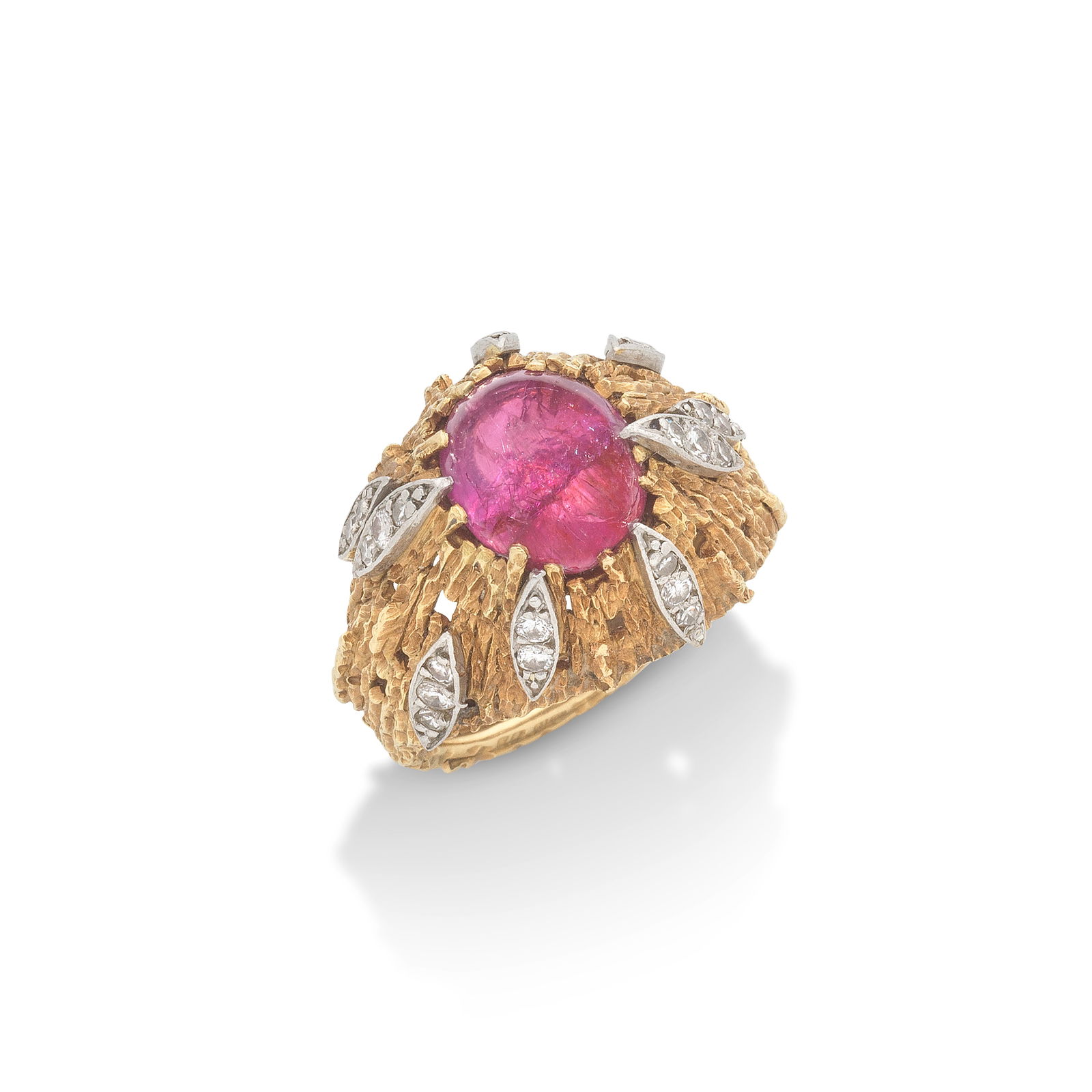 GRIMA: RUBY AND DIAMOND RING,: GRIMA: RUBY AND DIAMOND RING, 1967 The ruby cabochon in a pierced mount of textured wire, accented by brilliant and single-cut diamonds, mounted in 18 carat gold, signed Grima, maker's mark (partially