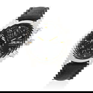 IWC. A stainless steel automatic calendar chronograph wristwatch Flieger, Ref: 3706, Circa 2000: IWC. A stainless steel automatic calendar chronograph wristwatch Model: Flieger Reference: 3706 Date: Circa 2000 Movement: 25-jewel Cal.7912 automatic, No.2521625 Dial: Black, white Arabic numeral hou